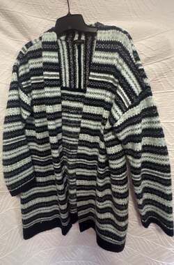 Talbots Open Front Long Cardigan Sweater Navy and Mint Fair Isle Stripe Size L